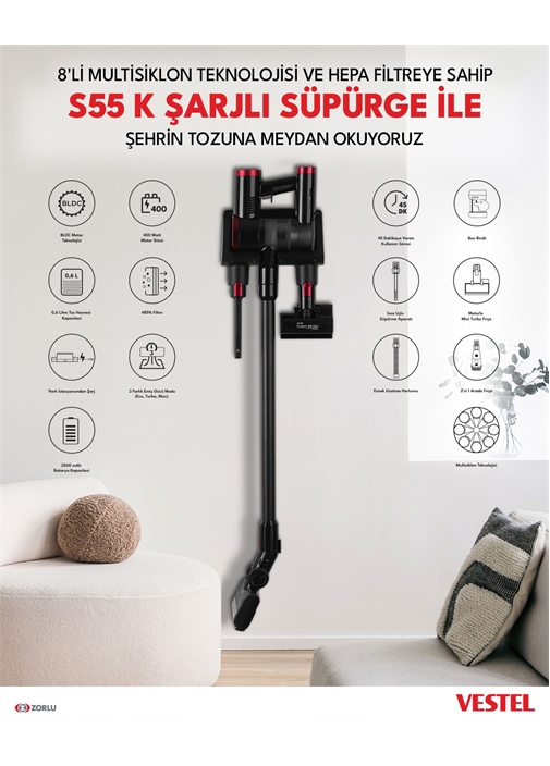 VESTEL S55 K Şarjlı Süpürge